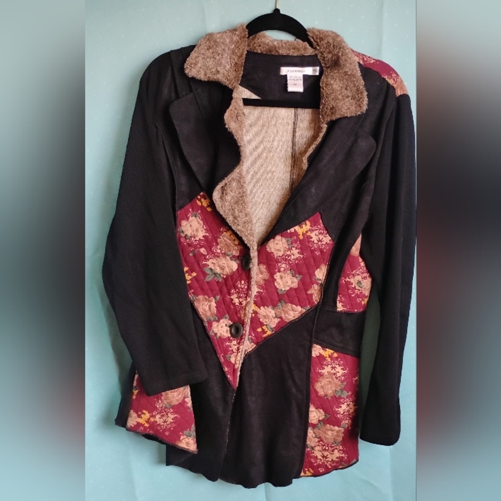 Y2k Faux Fur &Patchwork Jacket Sz XL Lightweight Grung Punk Goth Steampunk Vtg